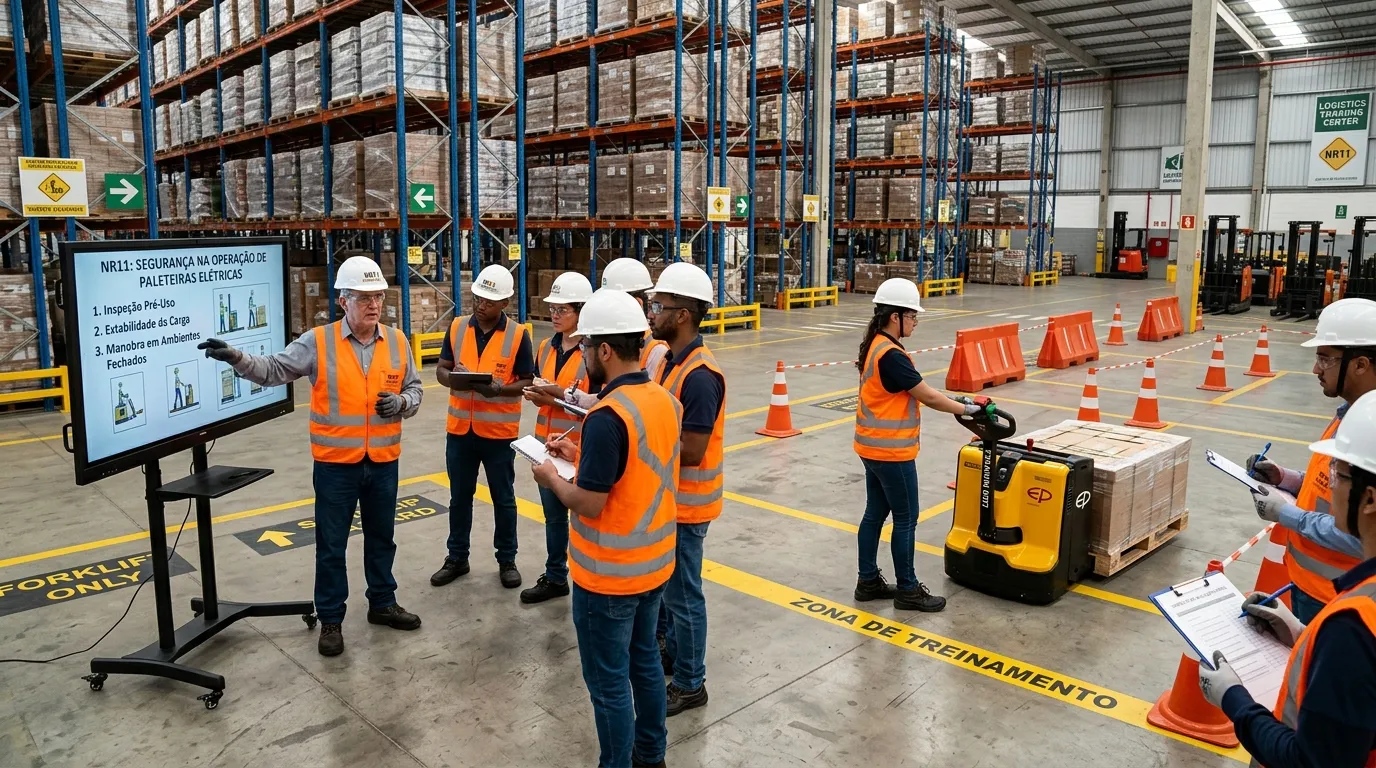 Instrutor realizando treinamento de segurança em transpaleteira elétrica