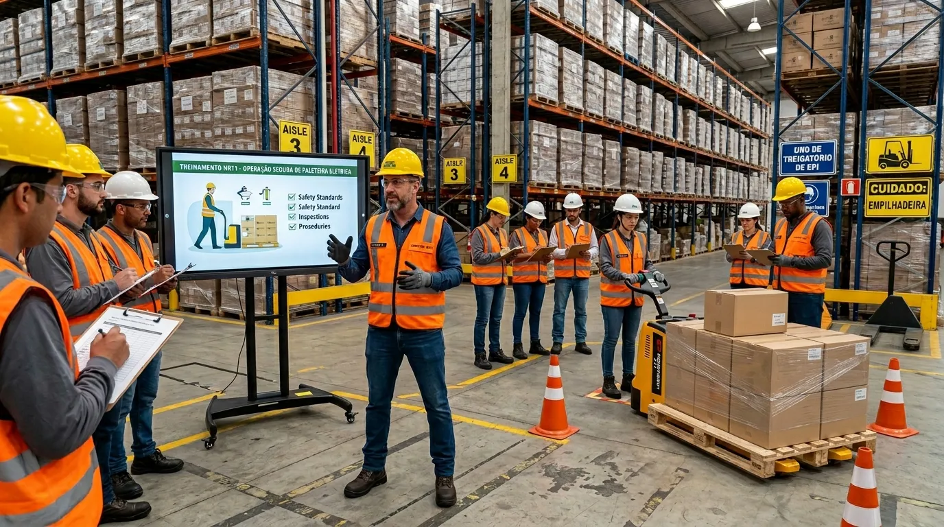 Treinamento prático com transpaleteira elétrica em ambiente industrial seguro